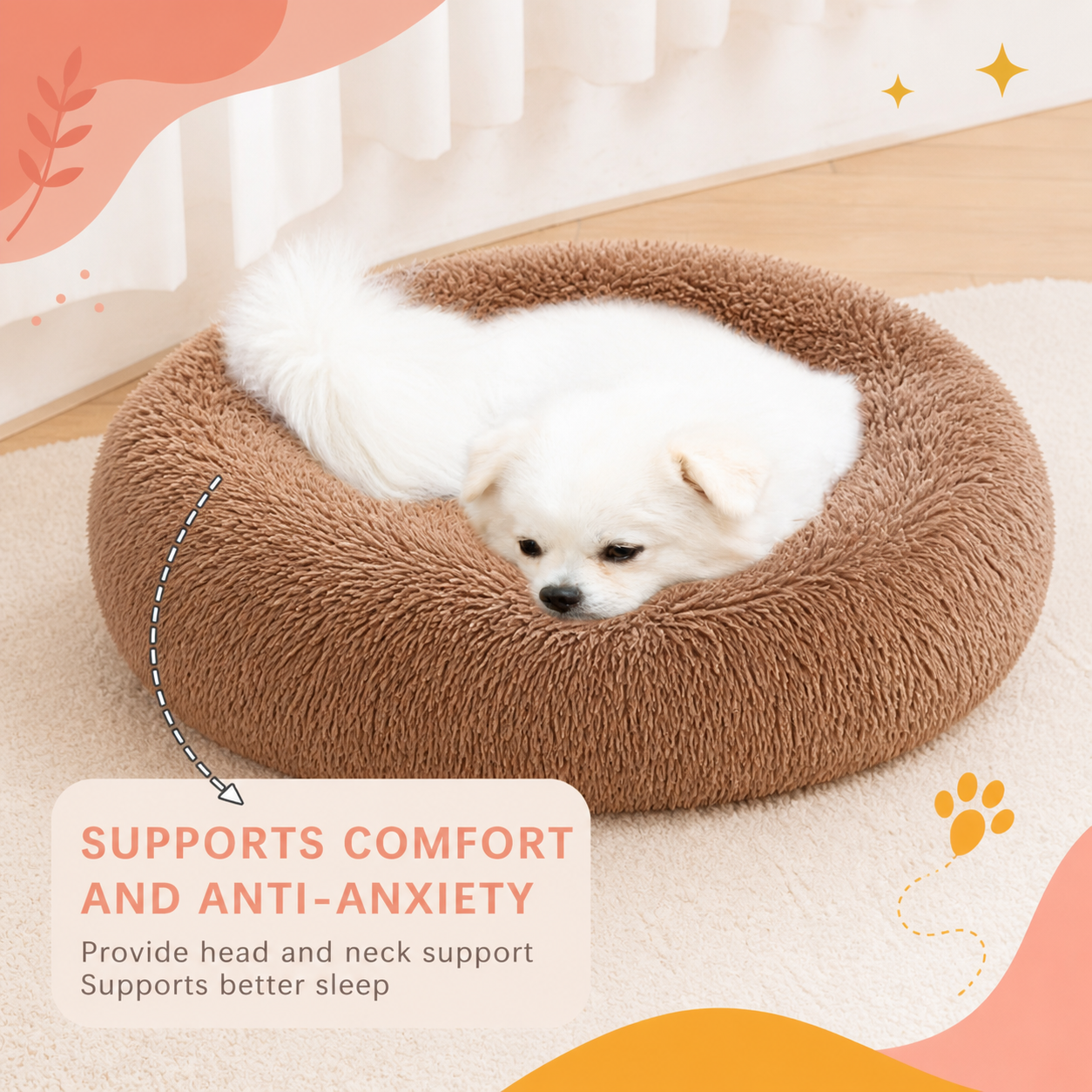 Dog lying on a brown plush pet bed with text about comfort and anti-anxiety support.