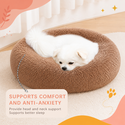 Dog lying on a brown plush pet bed with text about comfort and anti-anxiety support.