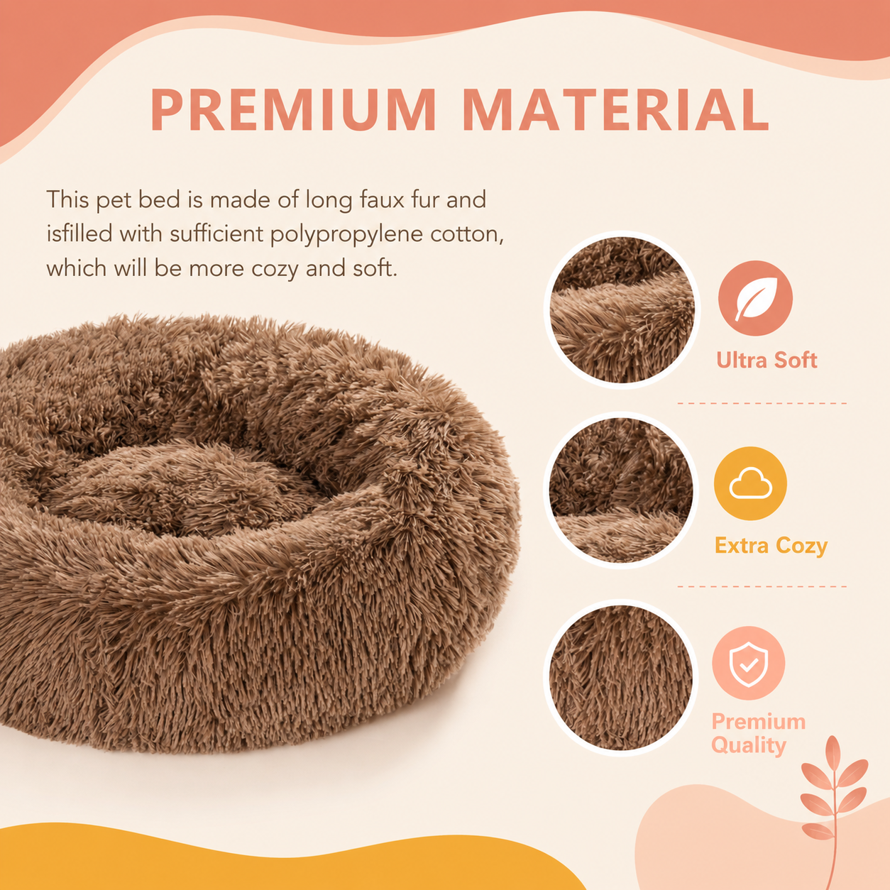 Brown pet bed with premium material features on a beige background
